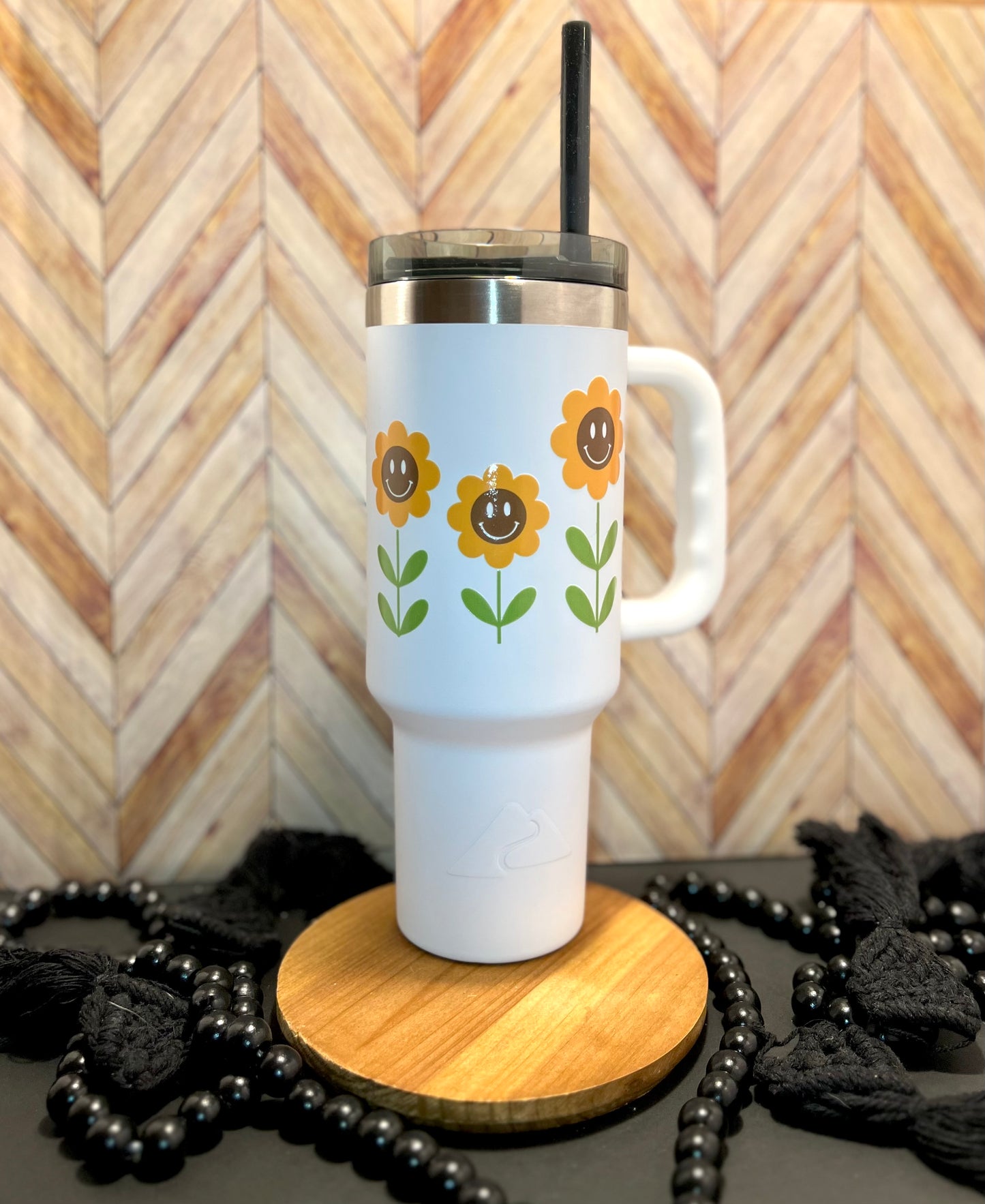 40 oz White Smiley Sunflower Tumbler
