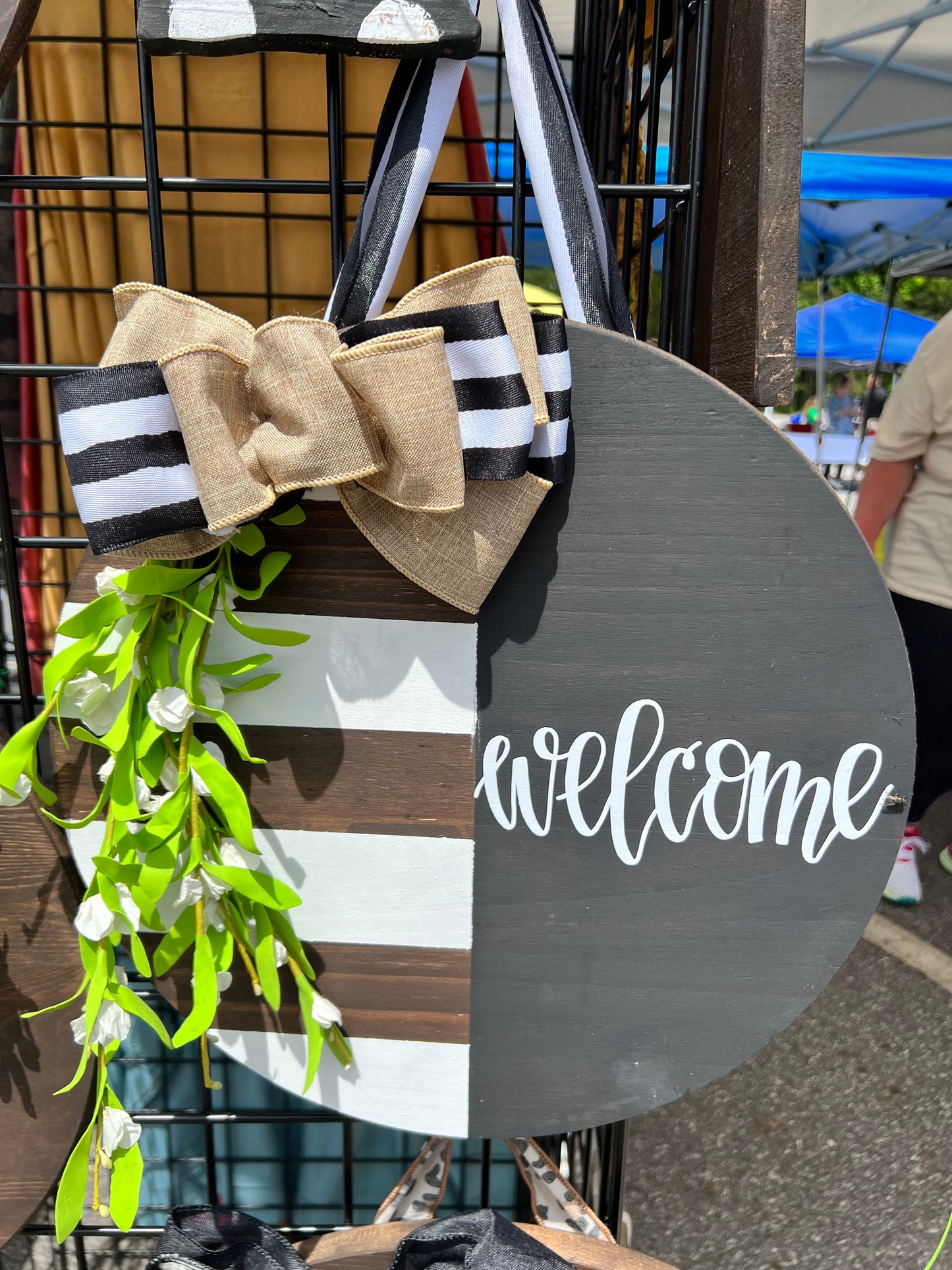Black and White Striped Welcome Door Hanger