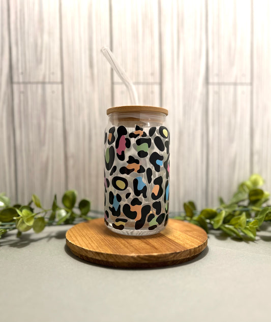 16 oz Colorful Leopard Print Glass Can