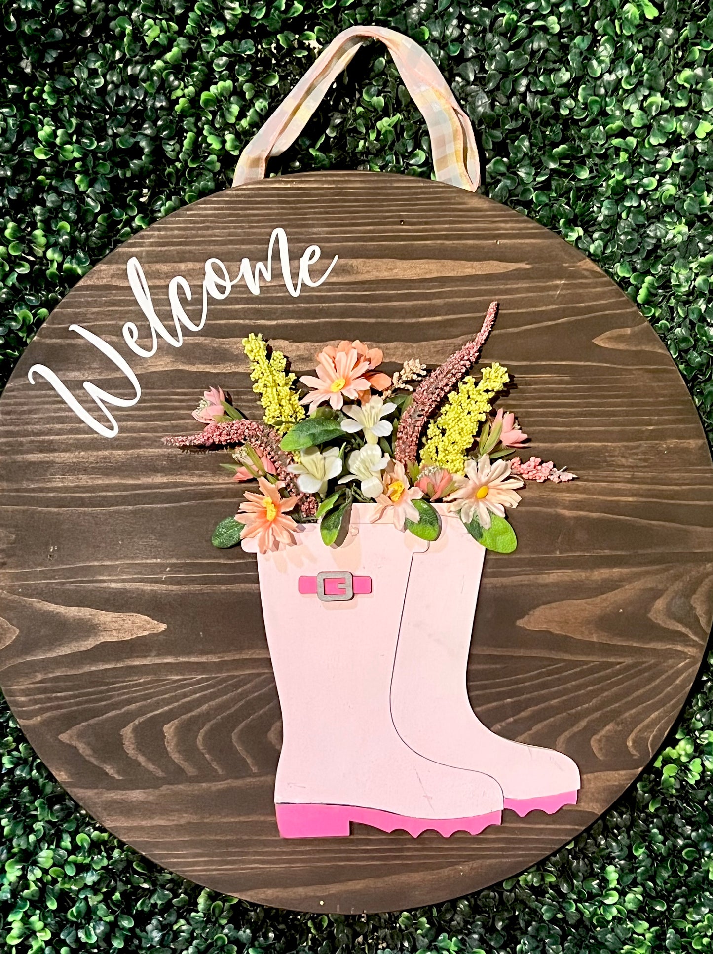 18” Pink Floral Boot Welcome Door Hanger